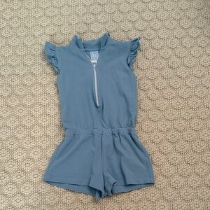 Bella Bliss Dusty Blue Knit Romper with Ruffle Cap Sleeves